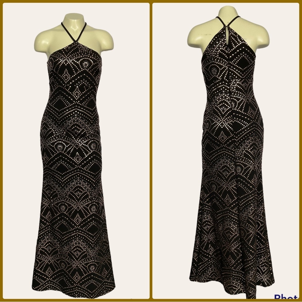 Jump Apparel Black & Gold Bronze Mermaid Style Halter Evening Gown Women 1 / 2